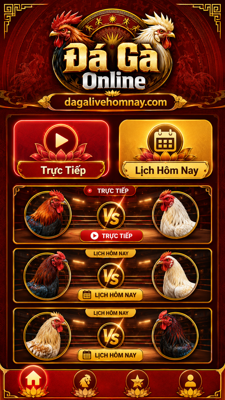 Giao diện điện thoại đá gà online có nút trực tiếp và lịch hôm nay